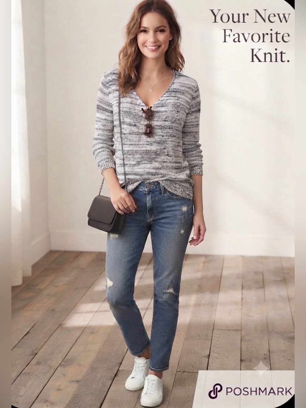 Francesca's Collections Gray Marled V-Neck Sweater